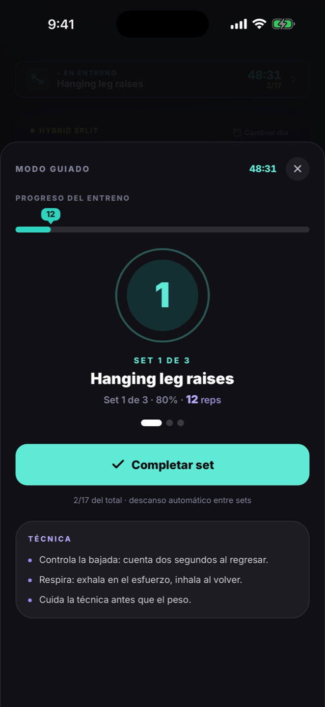 Modo guiado: set 1 de 3 con reps, intensidad y técnica