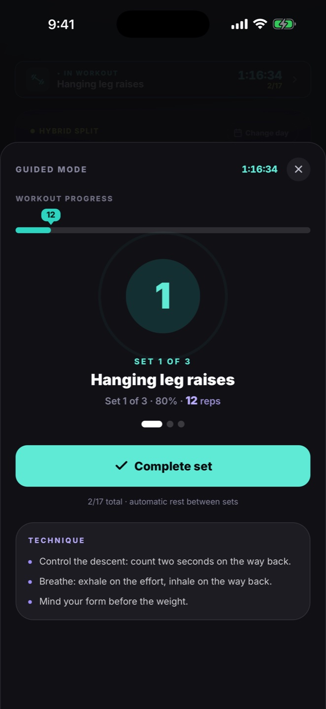 Guided mode: set 1 of 3 with reps, intensity and technique cues